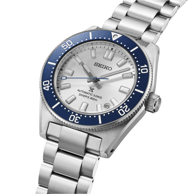 ont-facing image of the Seiko Prospex HBB001 dive watch with a dual-tone blue bezel, silver-white dial, and stainless steel bracelet.