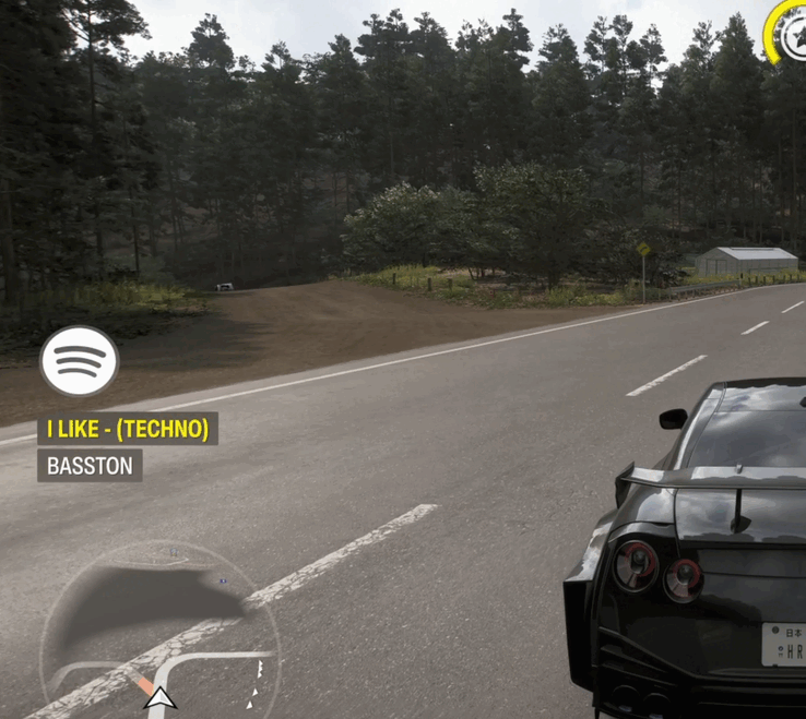 In-game HUD showing Spotify integration with the mod.