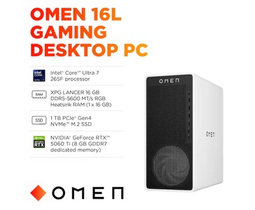 HP Omen 16L gaming desktop with Intel Core Ultra 7 265F processor and Nvidia GeForce RTX 5060 Ti graphics specs shown. (Image source: Best Buy)