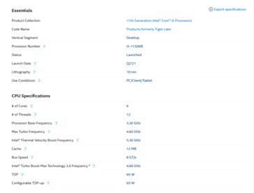 Intel Core i5-11500B spec sheet (image via Intel)