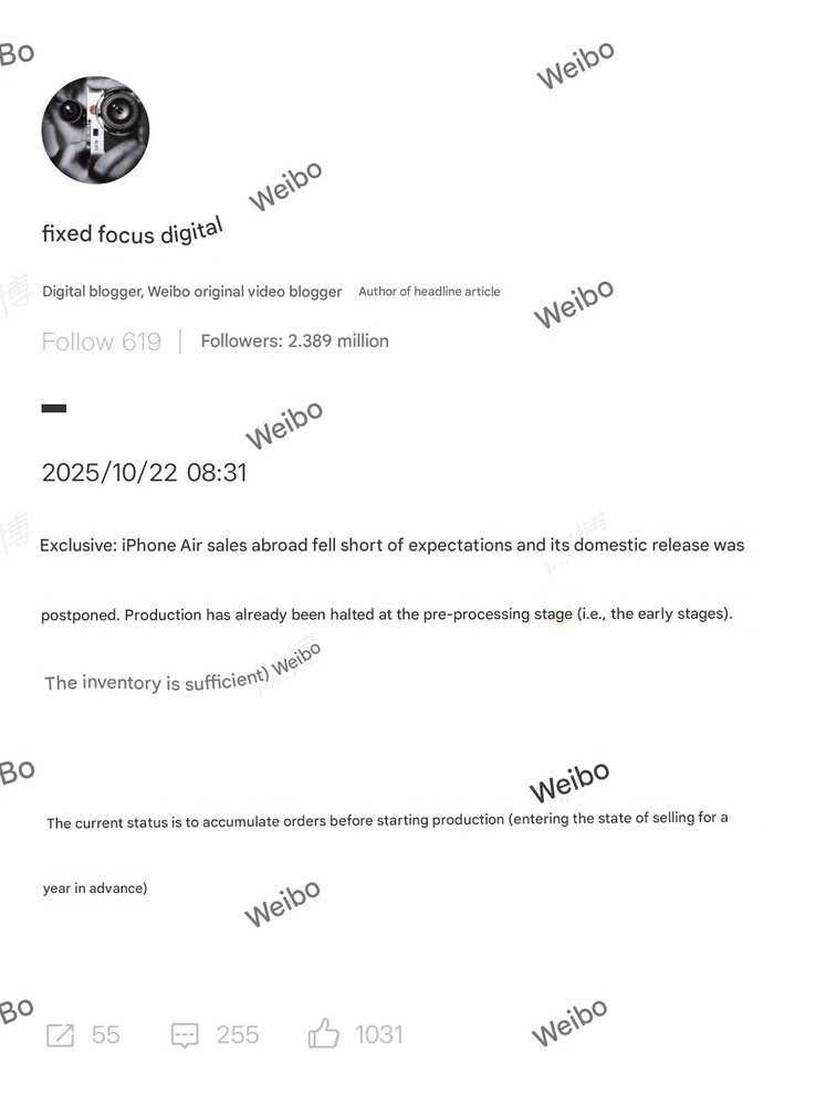 IPhone Air demand has fallen short of expectations outside of China. (Image source: Weibo)