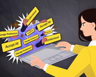 Woman sitting in front of a laptop with lots of banners plopping onto its screen