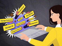 Woman sitting in front of a laptop with lots of banners plopping onto its screen