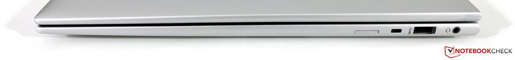 Right: Nano-SIM slot (optional for WWAN models), Kensington Nano security slot, USB-A 3.2 Gen.1 (5 GBit/s, powered), 3.5 mm stereo