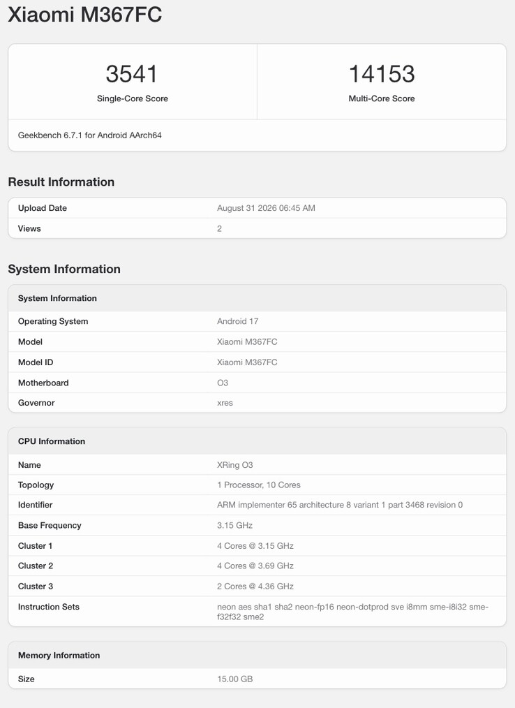Geekbench listing of the alleged Xiaomi Pad 9 Pro Max.