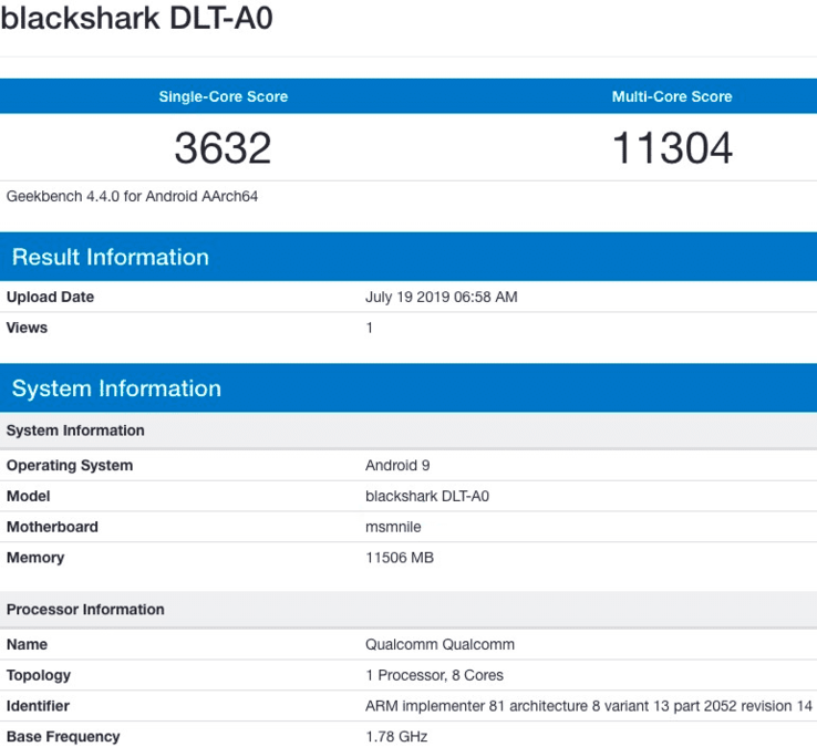 One of the Blackshark DLT-AO Geekbench listings. (Image source: Geekbench via @xiaomishka)