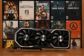 Desktop GPU with a lot of PC game boxes in the background (Image source: AI-generated image)