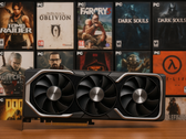 Desktop GPU with a lot of PC game boxes in the background (Image source: AI-generated image)