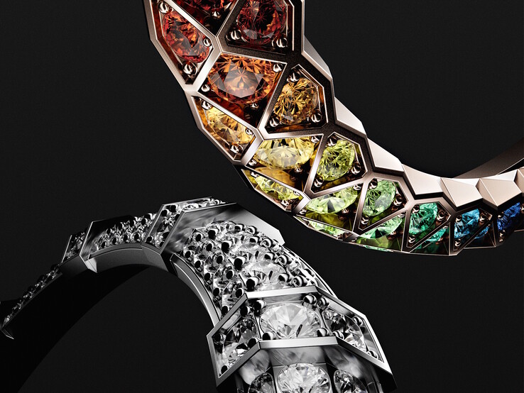 The gemstones and diamonds of the Loewe Ice Diamond and Noir Rainbow headphones are hand-set into the gold rings adorning each earcup. (Image source: Loewe)