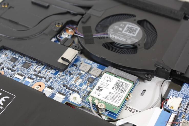 Removable M.2 Intel AX201 WLAN module. We recorded stable performance in both directions when paired to our Netgear RAX200 test router