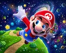3D Mario flying in Super Mario Galaxy-themed backdrop