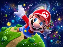 3D Mario flying in Super Mario Galaxy-themed backdrop