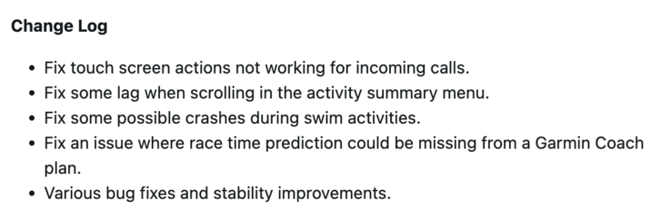 Software Version 27.09 changelog for other Garmin Forerunner smartwatches. (Image source: Garmin)