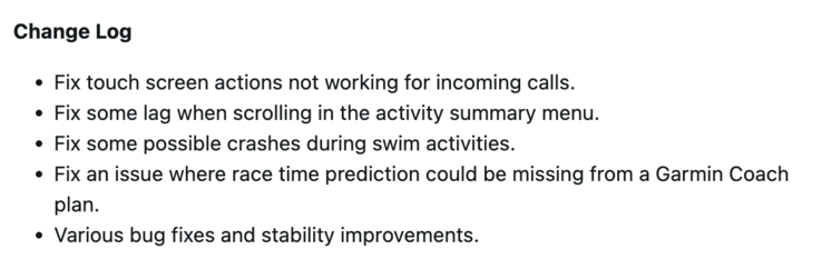 Software Version 27.09 changelog for other Garmin Forerunner smartwatches. (Image source: Garmin)