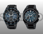 The Seiko Astron SSH187J1 (left) and the SSJ039J1 (right), pictured against a gray-black gradient background and Seiko's logo. (Image source: Seiko - edited)