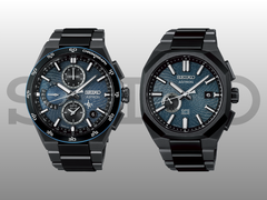 The Seiko Astron SSH187J1 (left) and the SSJ039J1 (right), pictured against a gray-black gradient background and Seiko's logo. (Image source: Seiko - edited)