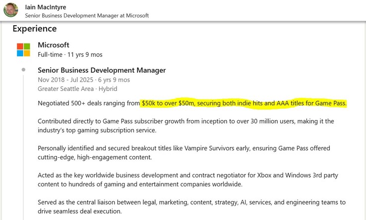 Third-party Xbox Game Pass games cost a lot to put on the service. (Image source: LinkedIn)