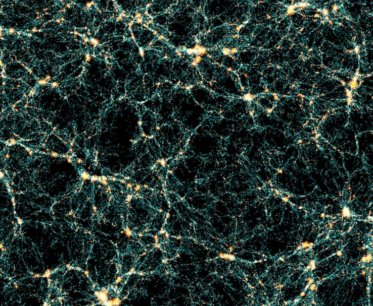 A computer simulation of the cosmic web, showing a large-scale structure of the universe with bright galaxy clusters connected by thin filaments of dark matter and gas against a dark background. (Image source: Euclid Consortium Press Release)