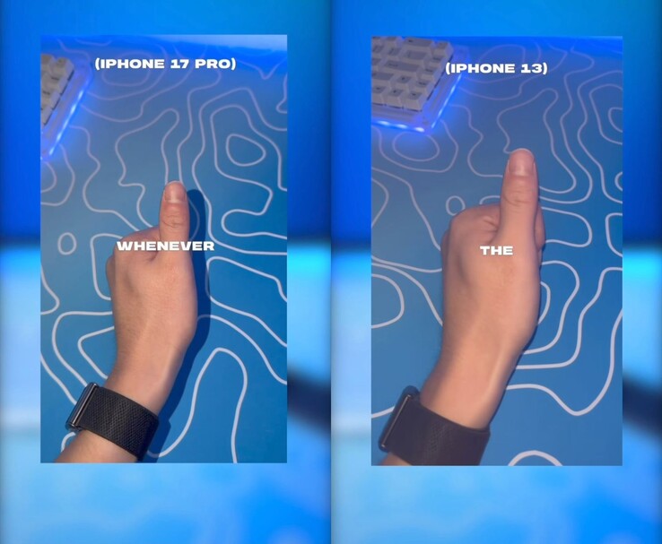 iPhone 17 Pro vs iPhone 13 flash comparison showing shadow on thumb in 17 Pro shot. (Image source: marcustechnology via Instagram)