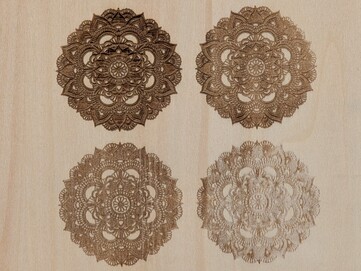 Stock SVG design in LaserPecker Design Space software on Basswood sheet at different power and depth values using Diode laser.