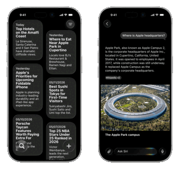 Apparently, Apple plans to debut a brand-new Siri app that includes a list of conversations (left) and a ChatGPT-like chatbot.