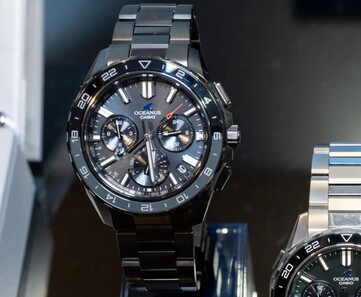 Casio Oceanus OCW-P3000 black watch shown from the front with its DLC-coated case, black dial, and 24-hour bezel.