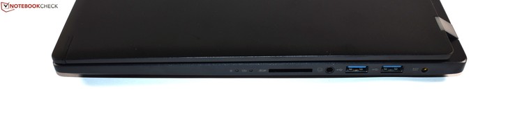 Right: SD card-reader, combo audio, 2x USB 3.0 Type-A, charging port