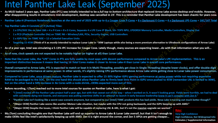 Intel Panther Lake specs (image source: Moore's Law is Dead on YouTube)