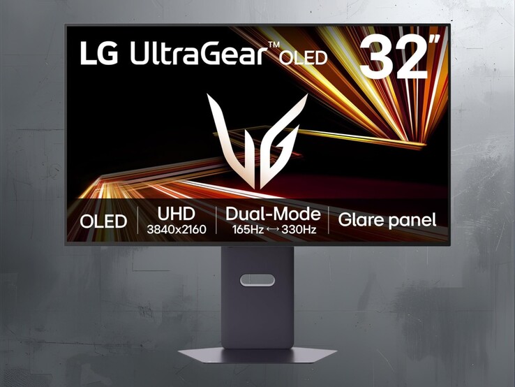LG 32GX850A UltraGear 4K OLED gaming monitor front side with specs (Image source: LG)
