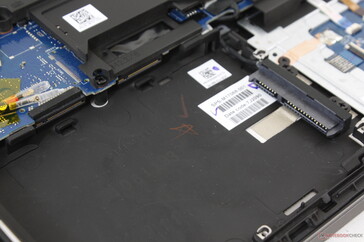 The other two M.2 2280 slots and single 2.5-inch SATA III bay are hidden underneath the battery. Note that installing an M.2 drive will preclude a 2.5-inch drive and vice versa. Mounting brackets were not included with our unit
