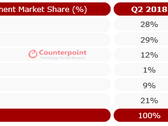 The top 5 brands in terms of 2Q2019 Indian smartphone market share. (Source: Counterpoint Research)