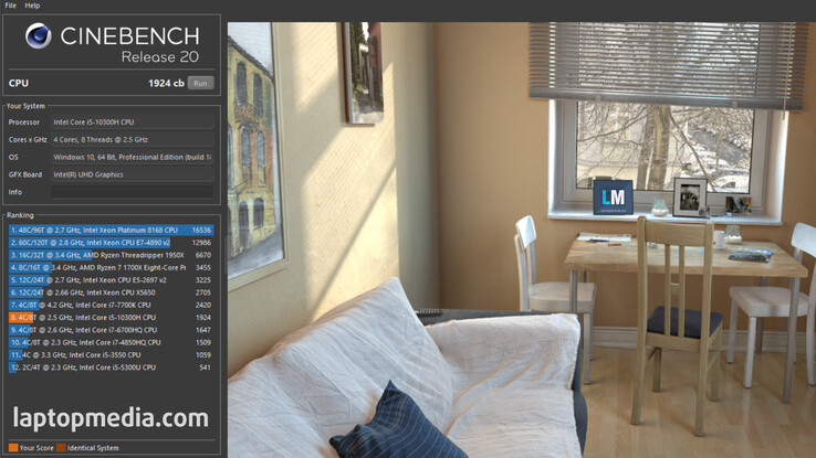 The Core i5-10300H in Cinebench R20 Multi 64Bit. (Image source: Laptopmedia)