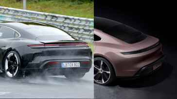 Porsche seems to have added extra vents behind the rear wheels for the new Porsche Taycan (left). (Image source: Auto Express / Porsche - edited)