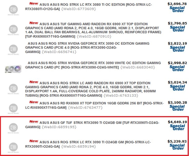 Asus RTX 3090 Ti board model prices. (Image source: via @momomo_us)