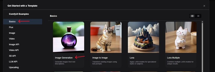 A screenshot the Workflow hub in ComfyUI with Basics and Image Generation highlighted. (Image Source: Windows Screen Capture)