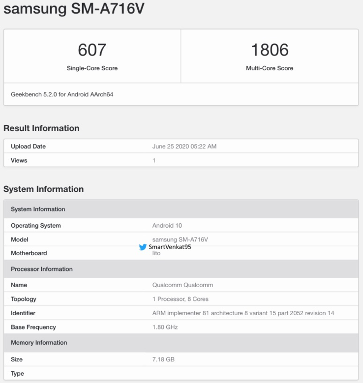 The "samsung SM-A716V" on Geekbench. (Source: Geekbench via Twitter)