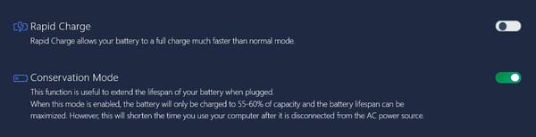 Enabling rapid charging automatically disables conservation mode - very useful if you know you will need a full battery in 30 minutes. Image source: Author