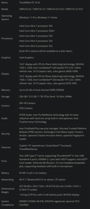 TravelMate P2 16 AI specs