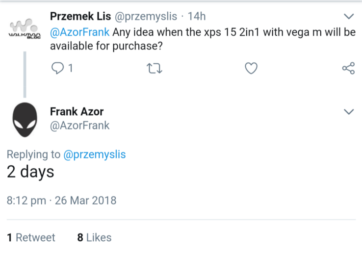 The Dell XPS 15 2-in-1 is likely to launch this week. (Source: Frank Azor/Twitter)