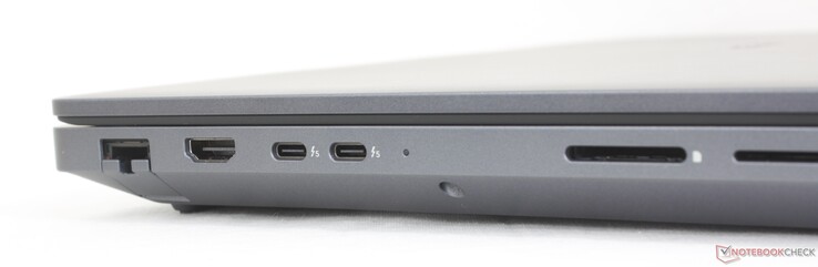 Left: RJ-45 (2.5 Gbps), HDMI 2.1, 2x USB-C Thunderbolt 5 (80 Gbps) w/ DisplayPort 1.4 + Power Delivery, SD card reader, Smart Card reader (optional)