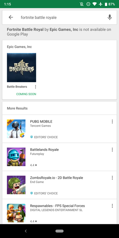 Searching for Fortnite on the Google Play Store throws up this message. (Source: 9to5Google)