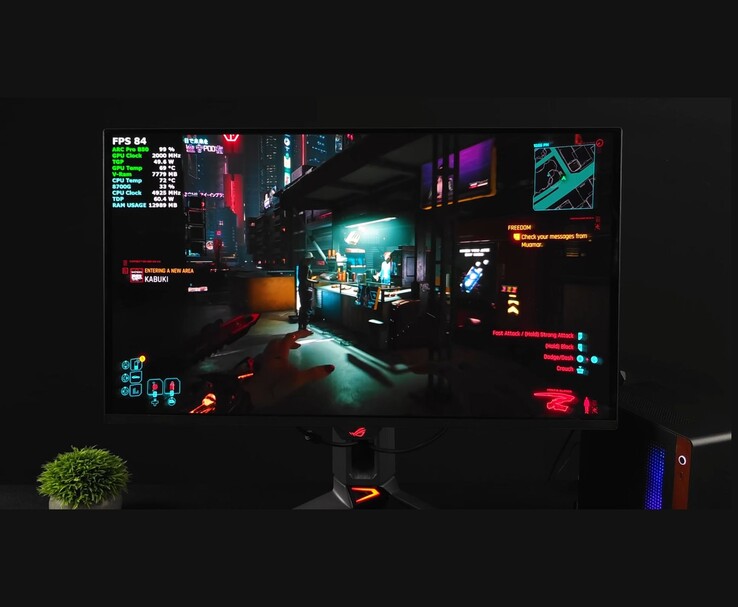 A monitor displaying Cyberpunk 2077 gameplay running on the Intel Arc Pro B50 GPU. (Image source: ETA Prime via YouTube)
