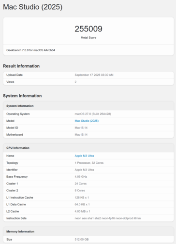 Apple M3 Ultra Geekbench GPU score