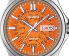 A close up shot of the orange MTP-E740-4AV with its transparent dial revealing the day and display wheels underneath.