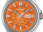 A close up shot of the orange MTP-E740-4AV with its transparent dial revealing the day and display wheels underneath.  