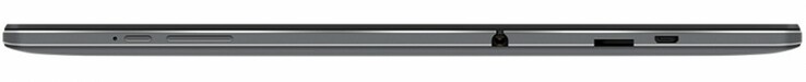 Top edge: microphone, power button, volume rocker, headphone jack, microSD slot, microUSB port