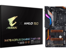 The box for the Gigabyte X470 Aorus Gaming 7 WiFi-50 motherboard has some golden features. (Source: Gigabyte Japan)