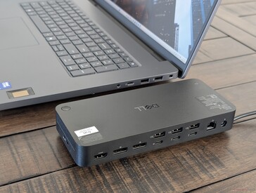 Rear of docking station showing available ports including support for multiple external displays up to four 4K 120 Hz monitors