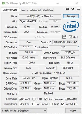 Acer Swift 5 SF514-55T-58DN - GPUz