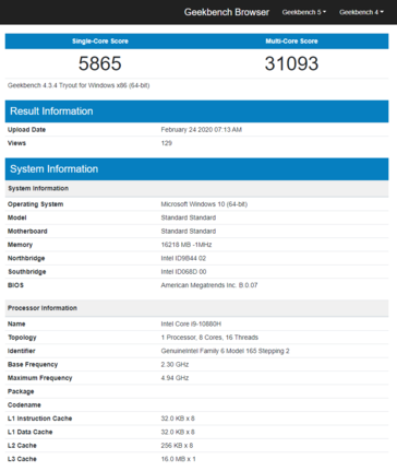 Core i9-10880H Geekbench listing - 2. (Source: Geekbench)